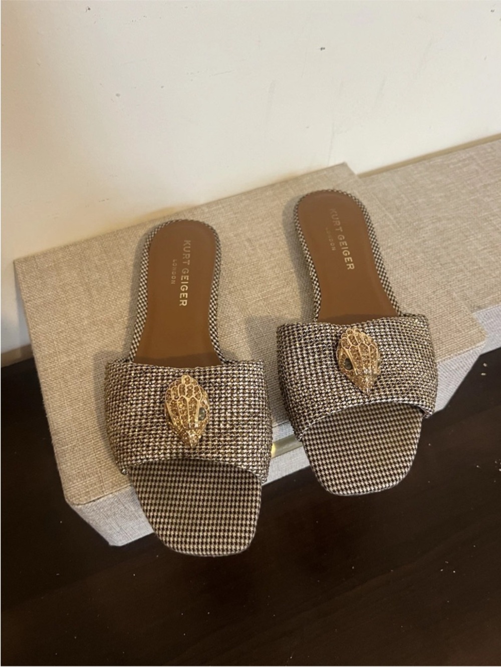 Kurt Geiger Black and White Tweed Slide Mules with Gold Crest